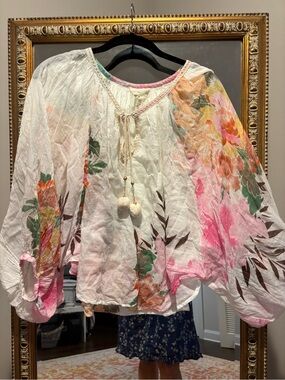 Boho Floral Peasant Top - White with Pink & Green, M/L